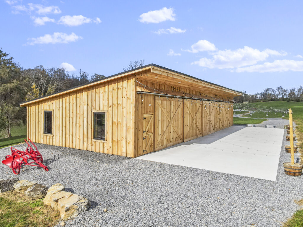 Interior view of the timber frame pole barn at the best Barn Rental Event Venue Clear Spring Maryland.
