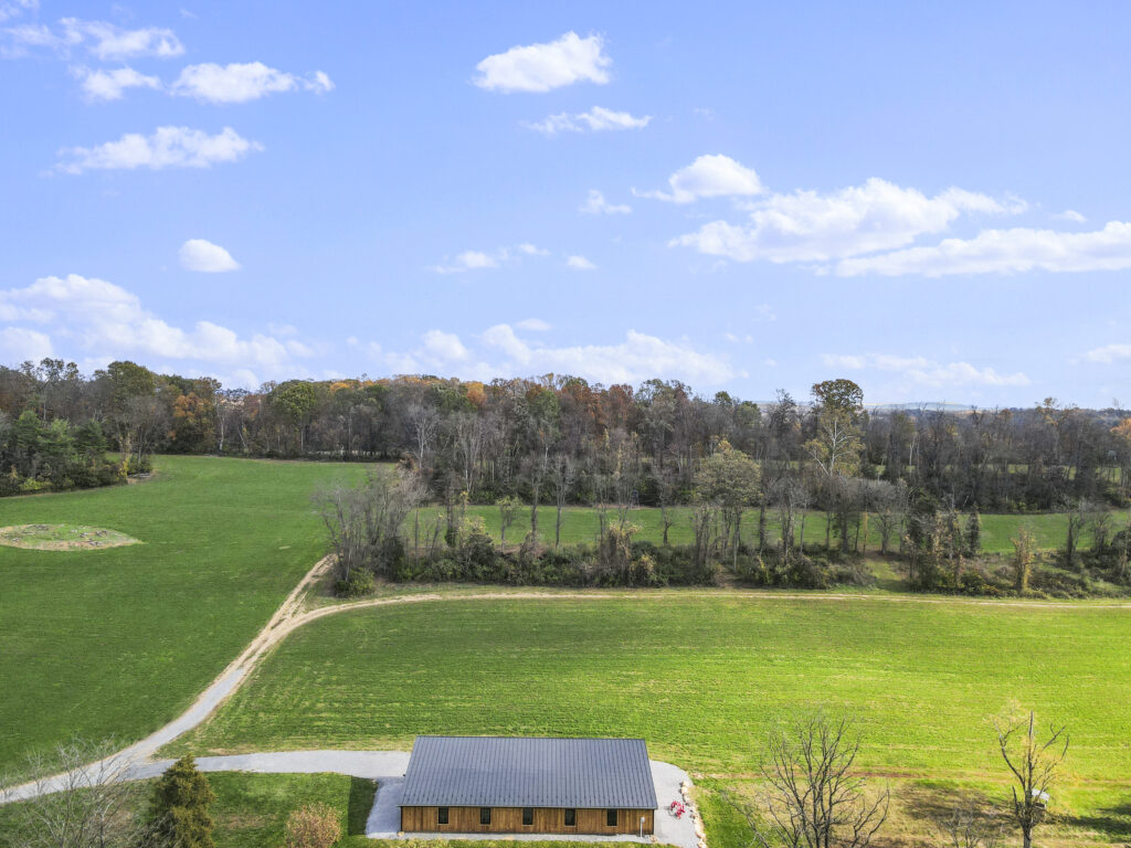 Aerial view facing east of our Premier Western Maryland Wedding Venue at Timber Valley Farm.