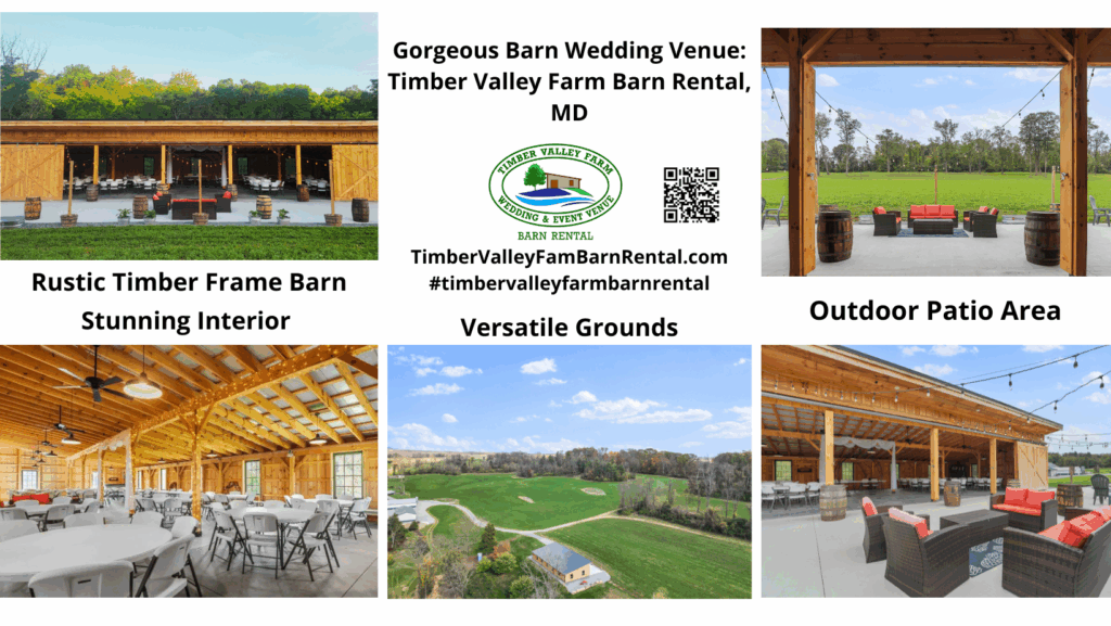 The exterior of our Gorgeous Timber Frame Barn Venue in Maryland showing the mountain views and patio.