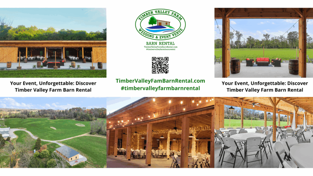 A wide-angle view of our Barn Venue Maryland Event space featuring the outdoor patio and rustic timber frame.