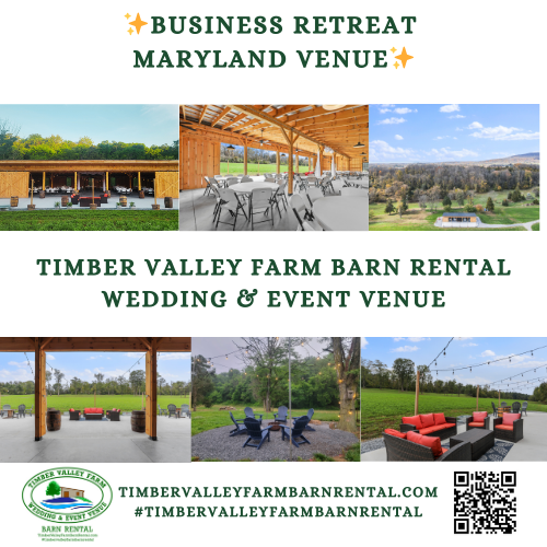 The interior of the timber frame barn set up for a corporate gathering, the ideal Business Retreat Maryland Venue with natural light and a quiet setting.