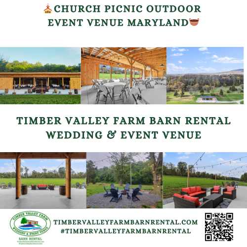 A large group enjoying fellowship on the expansive fields outside the timber frame barn, the ideal Church Picnic Venue Maryland setting.