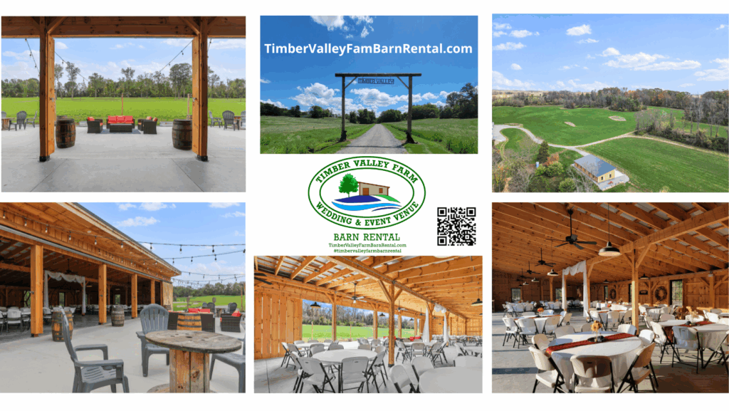 The stunning custom-built monoslope Wedding Barn Venue at Timber Valley Farm, showcasing the ranch-style entrance and infinity fields.