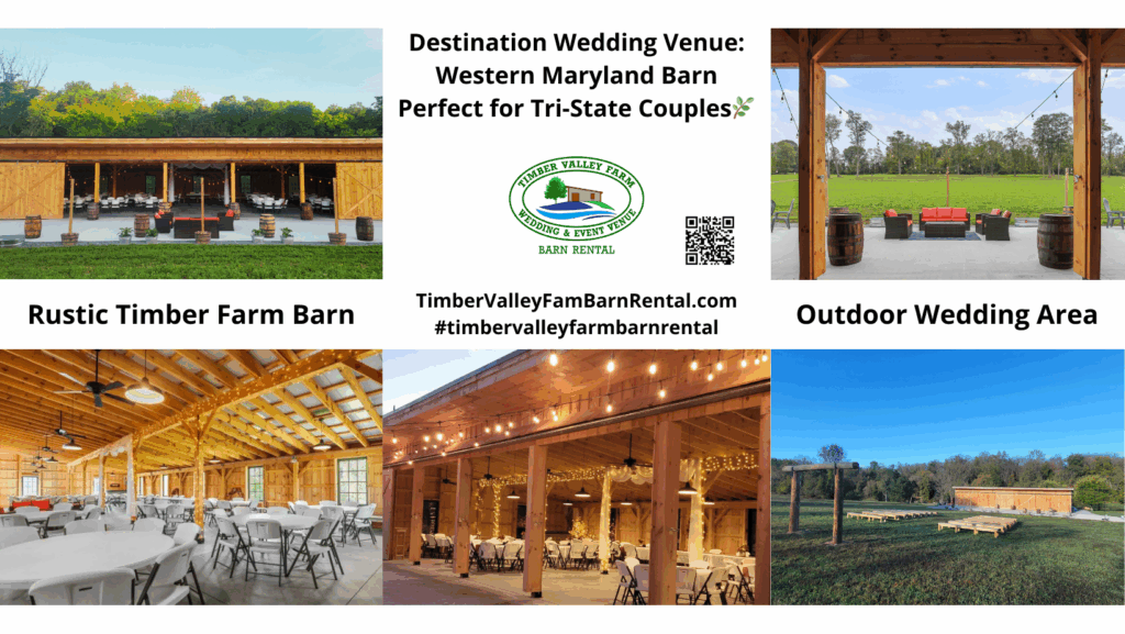 A breathtaking view of the timber frame barn, the perfect Destination Wedding Venue in Western Maryland, surrounded by lush green fields.