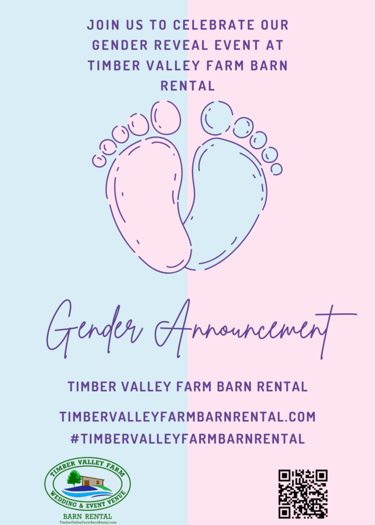 A joyful Gender Reveal Party Venue setting inside the spacious timber frame barn at Timber Valley Farm, perfect for family celebrations.