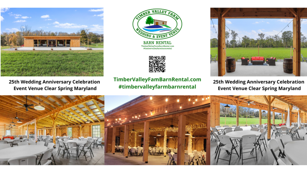 The premier 25th Wedding Anniversary Celebration Event Venue Clear Spring Maryland is Timber Valley Farm Barn Rental. Celebrate your 25th Wedding Anniversary at our stunning timber frame barn in Maryland, an ideal venue for this momentous occasion. After a quarter-century of shared life and love, your silver anniversary deserves a setting that is both intimate and grand. Our barn, set amidst a picturesque farm backdrop, offers ample space to bask in its rustic allure and host a truly unforgettable celebration of enduring love.