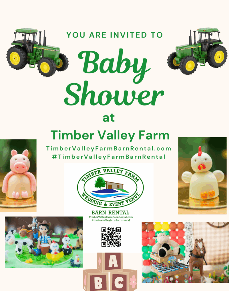 Photo of elegant baby shower setup in the timber frame barn at Timber Valley Farm