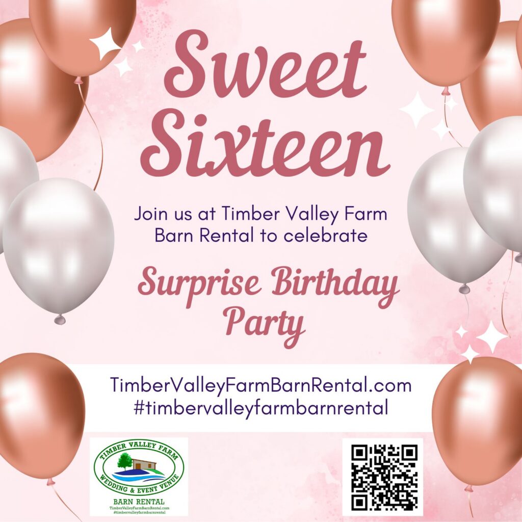 Beautiful Birthday Party Venue Sweet Sixteen Clear Spring Maryland: Rustic Charm🎉
Searching for a unique and unforgettable Sweet Sixteen birthday party venue? Look no further! Our Event Venue Barn at Timber Valley Farm Barn Rental offers the perfect blend of rustic charm and elegance, making us the premier Beautiful Birthday Party Venue Sweet Sixteen Clear Spring Maryland. We ensure a safe, memorable, and spectacular event for the birthday star.