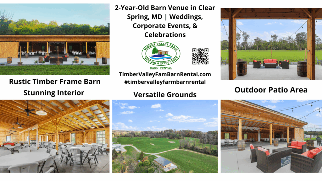 The custom-built timber frame barn at Timber Valley Farm Barn Rental Wedding Venue set against scenic mountain views.