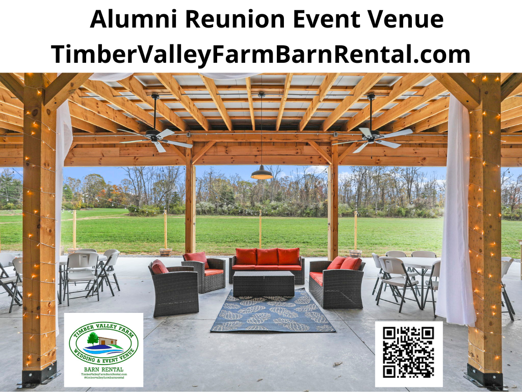 A large group of people mingling at a seated dinner within the Alumni Reunion Event Venue Maryland at Timber Valley Farm.