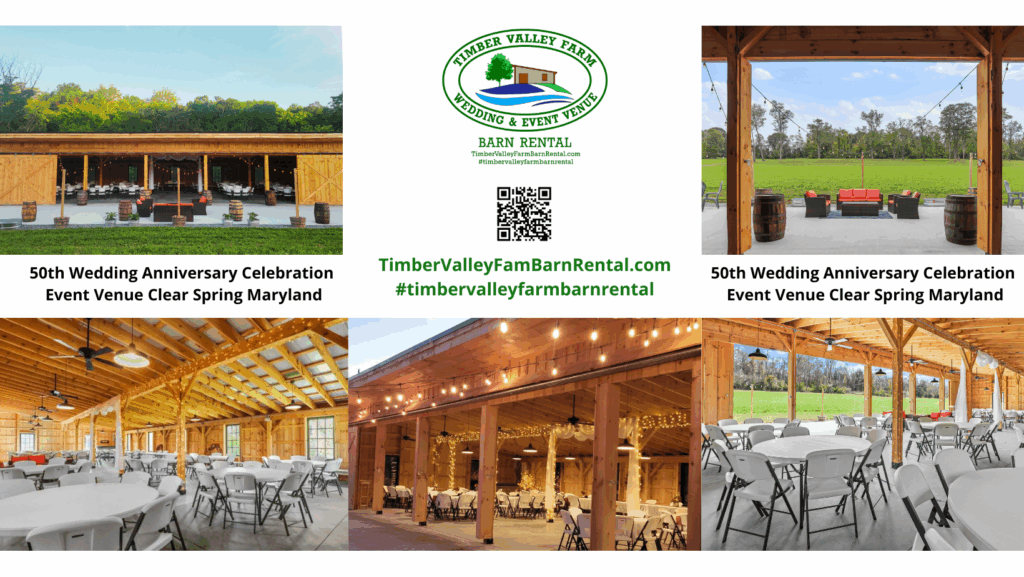 50th Wedding Anniversary Event Venue Clear Spring Maryland showing the interior of the timber barn set up elegantly for a golden anniversary dinner.
