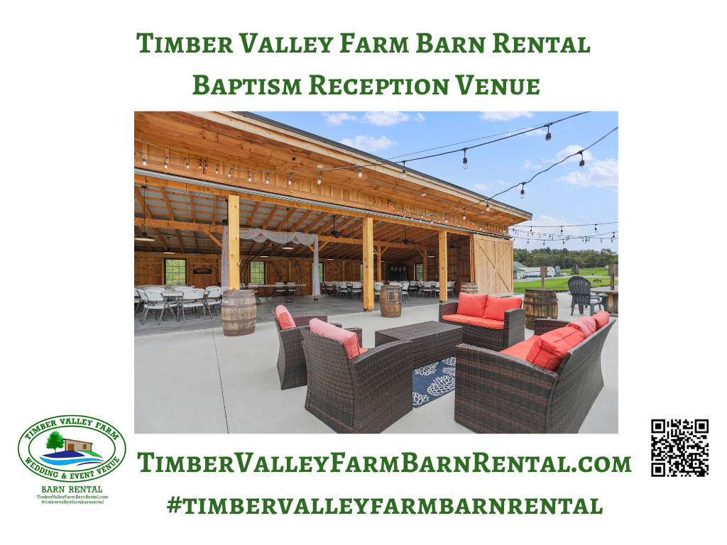 Celebrate Life’s Moments at Timber Valley Farm: A Unique Venue for Baptisms, Events & Receptions👼
Plan an unforgettable gathering at Timber Valley Farm Barn Rental, a secluded and charming venue nestled on 100 acres in Clear Spring, Maryland. Finding the right location for a sacred family event, like a baptism, is essential. Our barn provides the perfect blend of rustic elegance and serenity, making it one of the most distinguished Baptism Reception Venues Maryland has to offer.