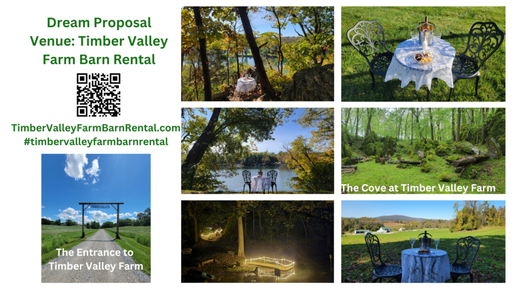 Planning the Perfect Valentine’s Day Proposal at Timber Valley Farm Barn Rental❤️
The ultimate romantic event starts with the right location: the Timber Valley Farm Valentines Proposal. Valentine’s Day is just around the corner, and if you’re planning to pop the question to your sweetheart, you’ll want to find the perfect setting. There is no day more intrinsically linked to romance than February 14th, making it the ideal moment to take the next step on your journey together. Look no further than Timber Valley Farm Barn Rental! Our rustic and romantic barn offers a unique and unforgettable backdrop for your special moment, nestled on 100 sprawling acres in the beautiful countryside of Clear Spring, Maryland. A successful Timber Valley Farm Valentines Proposal is about creating an intimate, lasting memory.