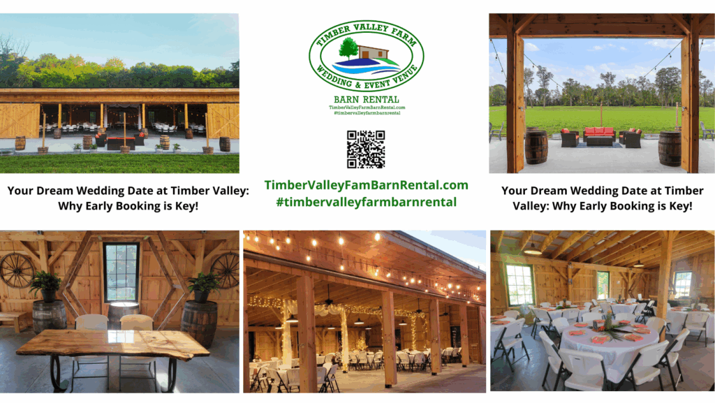 Wedding Venue Timber Valley Farm Barn Rental showing the spacious timber barn exterior and the lush green ceremony meadow.