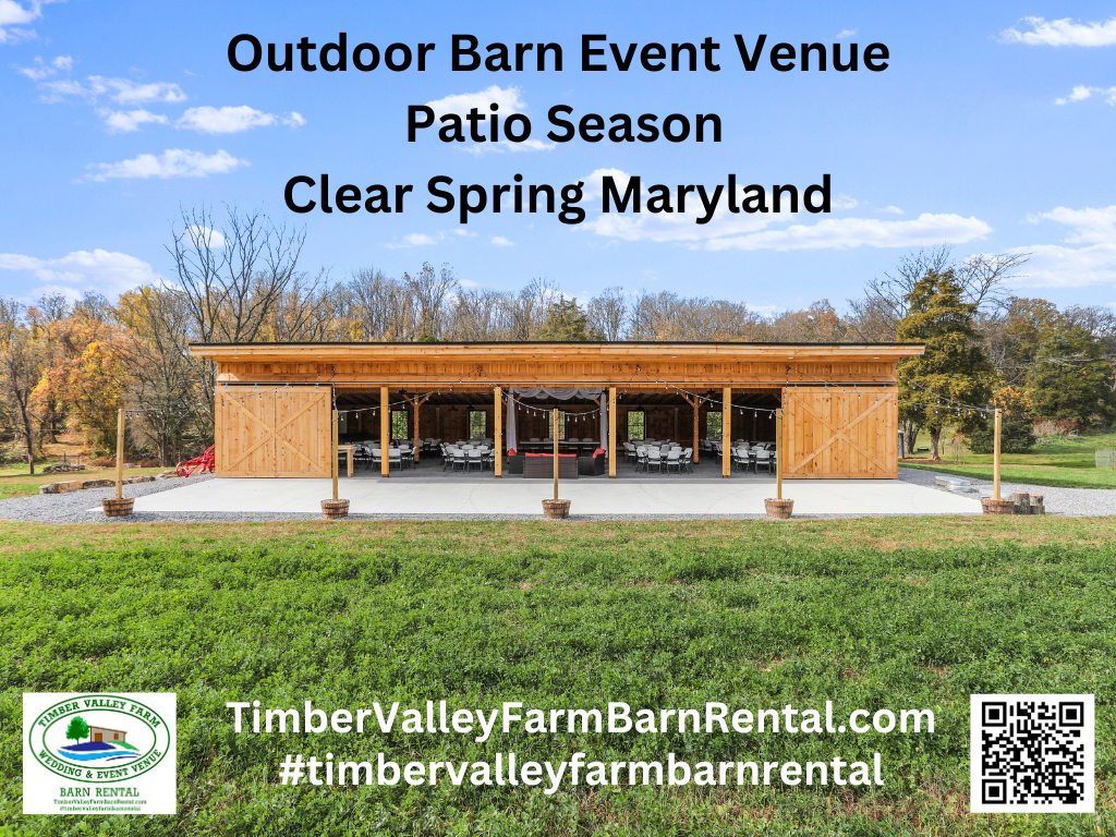 Farm Wedding and Barn Venue in Clear Spring Maryland with rustic lighting and outdoor patio space at Timber Valley Farm.