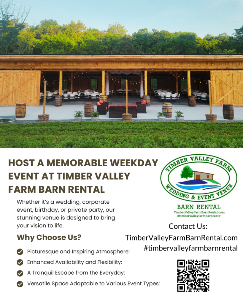 Weekday Event Venue Clear Spring Maryland: Transform Your Business Meetings at Timber Valley Farm 💡
Are you tired of hosting important meetings and workshops in stale, uninspiring hotel conference rooms? Timber Valley Farm Barn Rental offers a revolutionary alternative. Our stunning, new timber frame barn is the premier Weekday Event Venue Clear Spring Maryland has to offer, transforming ordinary corporate functions into productive, memorable, and relaxing retreats.🌄