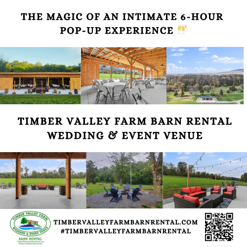 What is a Pop-Up Wedding and Why Choose Our Pop-Up Wedding Venue Clear Spring Maryland Barn?
Think of a Pop-Up Wedding as a beautifully curated, mini-wedding experience. We handle the venue, the elegant setting, and the structure—you simply arrive with your license, your attire, and your closest guests at Pop-Up Wedding Venue Clear Spring Maryland Barn at Timber Valley Farm Barn Rental.

Budget-Friendly: A highly cost-effective alternative to a traditional wedding, our Pop-Up packages provide all the high-end appeal of our stunning two-year-old timber frame barn at a fraction of the cost.