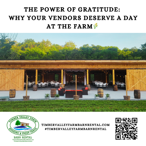 A warm and professional setup for a Vendor Appreciation dinner inside the rustic timber-framed barn at Timber Valley Farm Barn Rental.