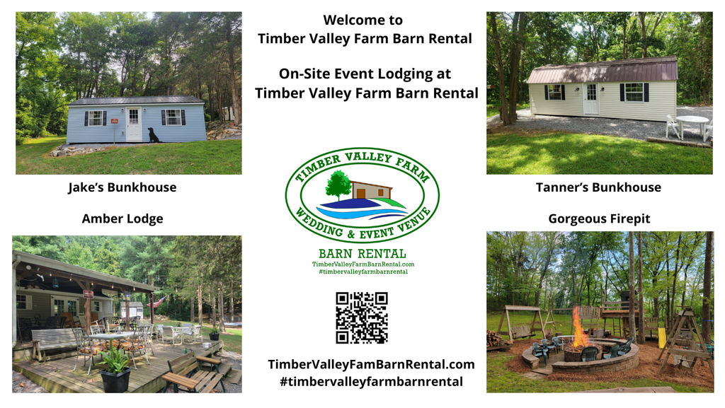 On-site event lodging at Timber Valley Farm Barn Rental in Clear Spring, Maryland, featuring Jake’s Bunkhouse, Tanner’s Bunkhouse, Amber Lodge, and outdoor firepit