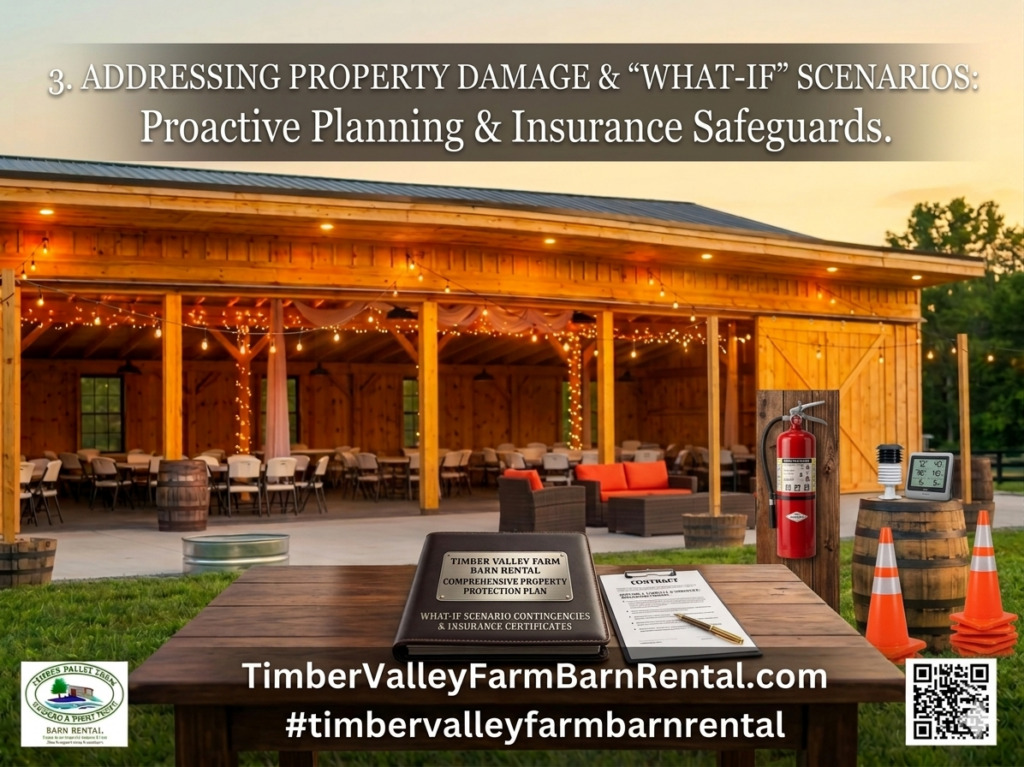 A rustic wooden table in the foreground featuring a professional leather binder labeled "Comprehensive Property Protection Plan" and a signed contract for "What-If" scenario contingencies. In the background, the Timber Valley Farm Barn Rental event barn is beautifully lit at sunset, with a fire extinguisher, safety cones, and a weather monitoring station visible, showcasing the venue's proactive insurance and safeguard measures.