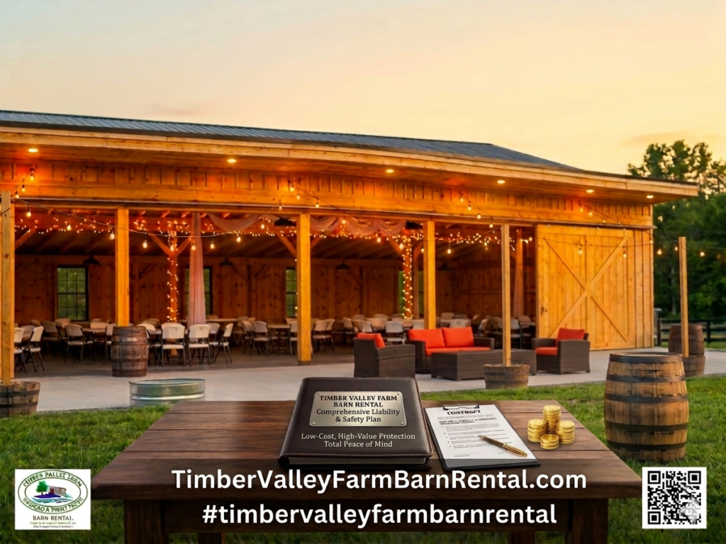 A rustic wooden table in the foreground featuring a leather binder labeled "Comprehensive Liability & Safety Plan" and "Total Peace of Mind," along with a signed contract and stacked gold coins, symbolizing value. In the background, the Timber Valley Farm Barn Rental open-sided event barn is beautifully lit at sunset with string lights, chairs, and tables, demonstrating a worry-free and protective event environment. The venue logo and contact details are visible in the lower corners.