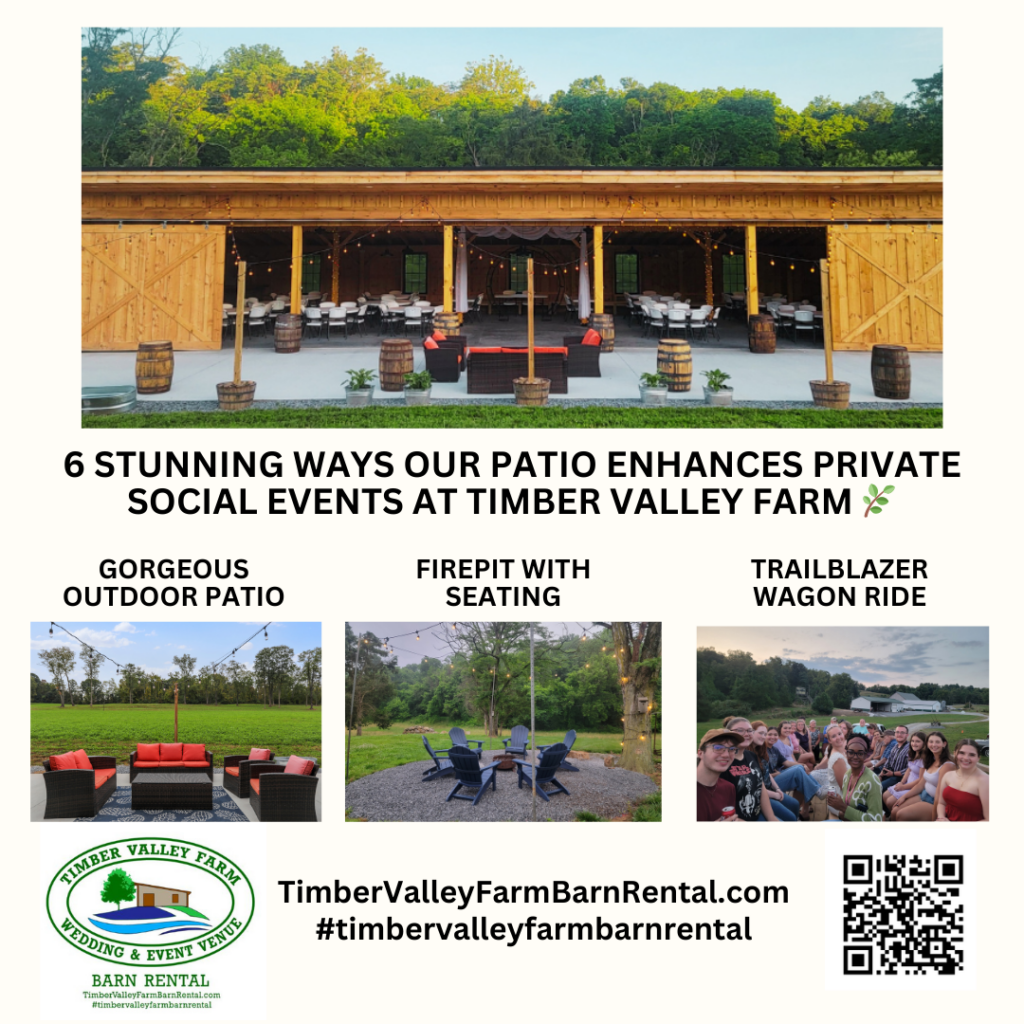 Planning the perfect gathering starts with finding a venue that offers both privacy and a stunning backdrop. When you host your gathering on our Private Social Events Patio at Timber Valley Farm Barn Rental, the outdoor space becomes the heart of the celebration. These 6 views showcase how the space transitions from a bright, green afternoon lounge to a glowing, intimate evening dinner under the stars. 🌿