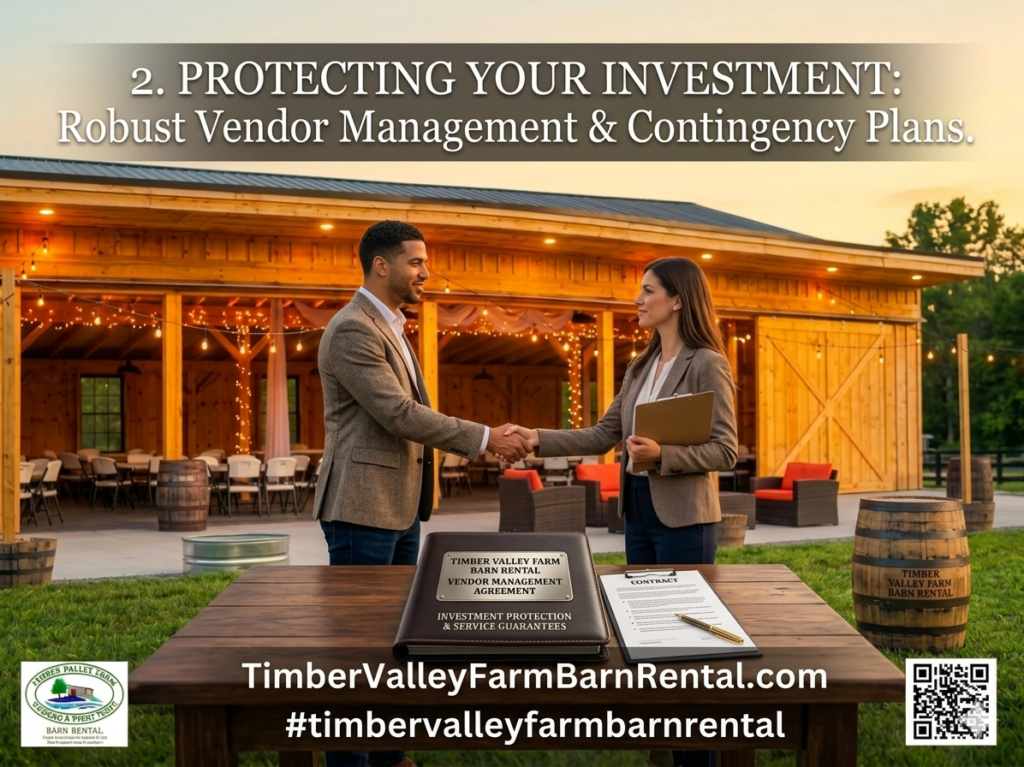 A professional man and woman shaking hands over a rustic wooden table in front of the Timber Valley Farm Barn Rental event barn. On the table sits a professional leather binder labeled "Vendor Management Agreement" and a signed contract, symbolizing financial security and robust planning.
