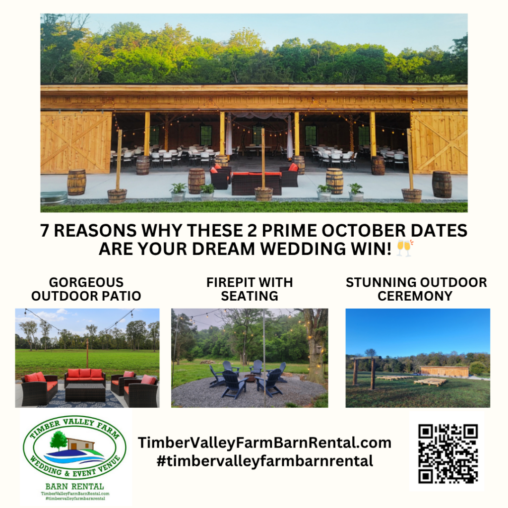 Autumn Wedding Venue Maryland Farm - October at Timber Valley Farm Barn Rental is pure magic. The air is crisp, the 100-acre backdrop is painted in gold, and the sunset over the timber beams is unlike anything else. These "prime" dates usually book out years in advance, so having a Friday and Saturday open in peak foliage season is a true "unicorn" opportunity for anyone seeking an Autumn Wedding Venue Maryland. 🦄✨