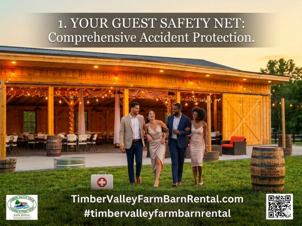 A diverse group of four wedding guests in formal attire walking and laughing on the lush green grass in front of the Timber Valley Farm Barn Rental event barn at sunset. A professional first aid kit is placed in the foreground to symbolize guest protection and the venue's commitment to safety.
