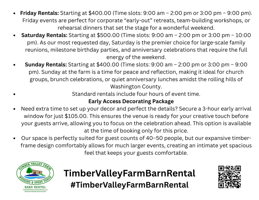 Non-Wedding Venue Pricing chart for Friday, Saturday, and Sunday at Timber Valley Farm Barn Rental.