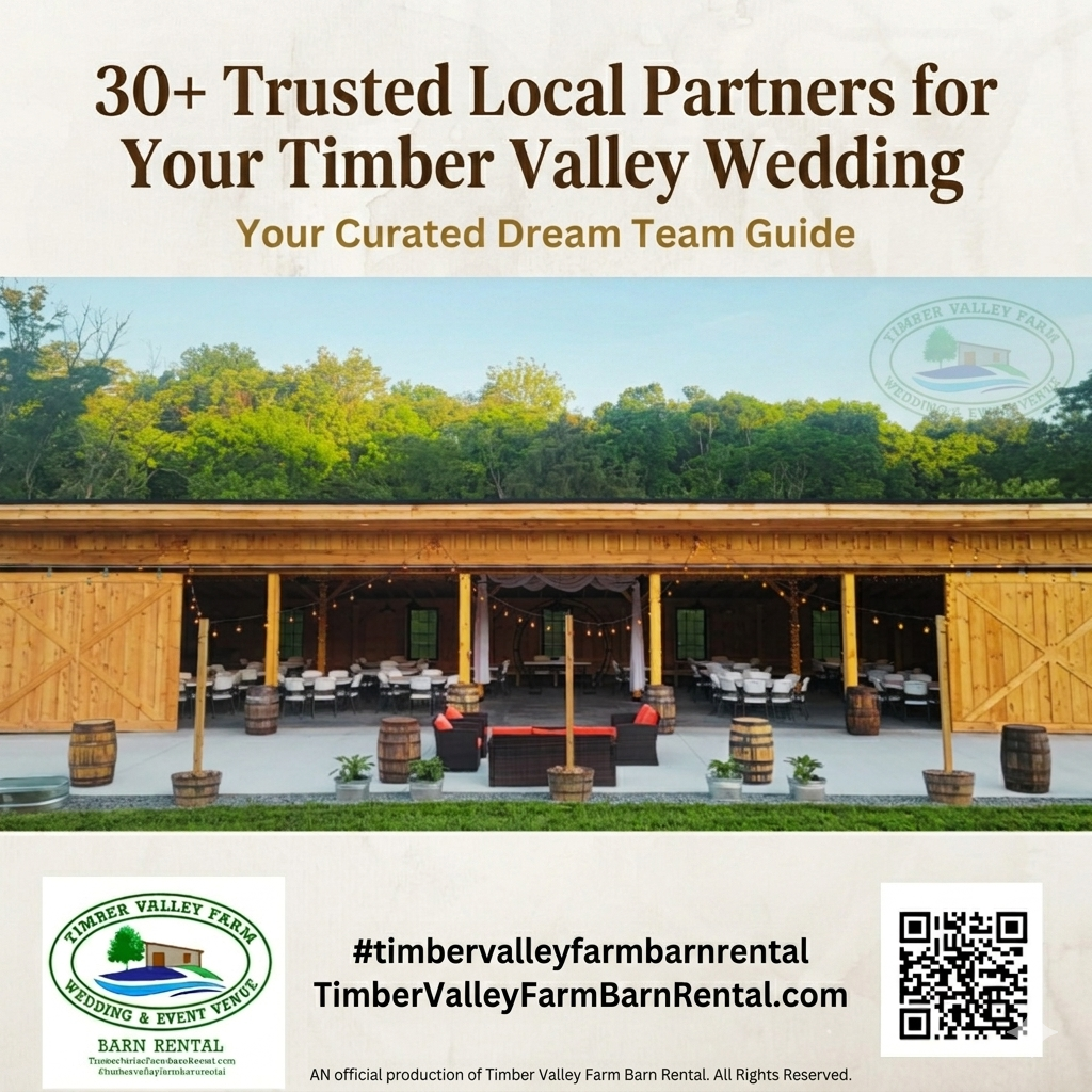 Local Wedding Vendors - Building Your Dream Team: A Curated Guide
At Timber Valley Farm Barn Rental, we believe your wedding day team should be as exceptional as your venue. A wedding is the culmination of heartfelt choices and the collaboration of a dedicated team. Our mission is to provide you with a stunning, modern timber-frame venue, but the true magic happens when you pair our rustic, natural setting with the best service providers in the region.