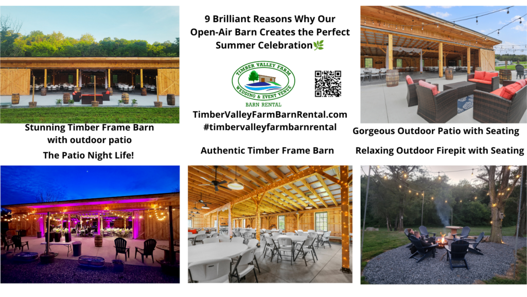 Summer Farm Celebration at Timber Valley Farm Barn Rental. As a premier Open-Air Event Venue, we believe your Summer Farm Celebration should be deeply connected to the land. When you step onto our property, you are stepping into a natural sanctuary. Our barn is intentionally designed to bridge the gap between indoor comfort and outdoor freedom. Unlike confined banquet rooms, our structure allows the fresh summer air to circulate freely, keeping guests comfortable. This deep immersion in nature is exactly what makes a Summer Farm Celebration at our location so unique. Imagine your guests laughing and dining while surrounded by the rustling of leaves and the gentle warmth of a summer evening.