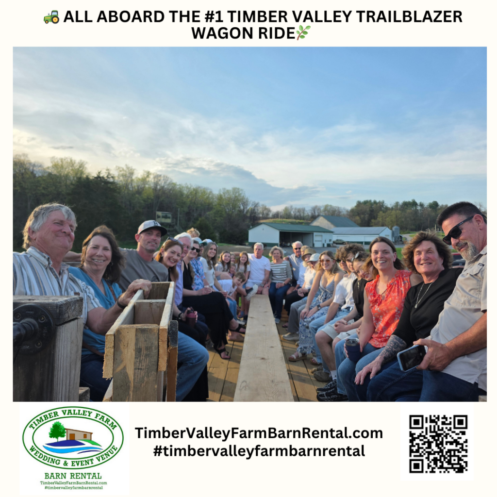 Timber Valley Trailblazer Wagon Ride

Experience the farm in a whole new way with our signature Timber Valley Trailblazer Wagon Ride. This unique amenity is a favorite for guests looking to immerse themselves in the natural beauty of our property. The wagon winds through the scenic fields, offering panoramic views of the countryside and a relaxing, nostalgic journey. It is the perfect activity for adding a touch of adventure to your summer picnics or a festive spirit to your fall harvest gatherings.