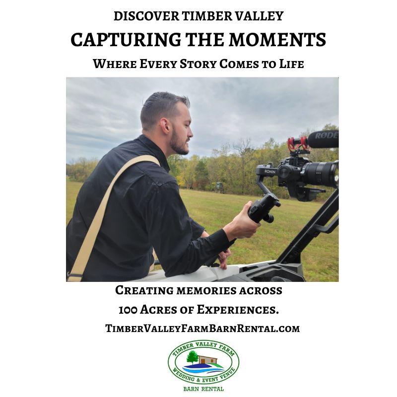 Professional wedding videographer filming from the Timber Valley Bobcat while capturing unforgettable moments across the scenic 100-acre Timber Valley Farm Barn Rental property in Clear Spring, Maryland.