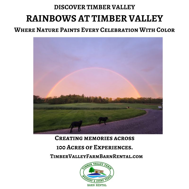 Double rainbow stretching across Timber Valley Farm Barn Rental with two dogs enjoying the peaceful countryside in Clear Spring, Maryland.