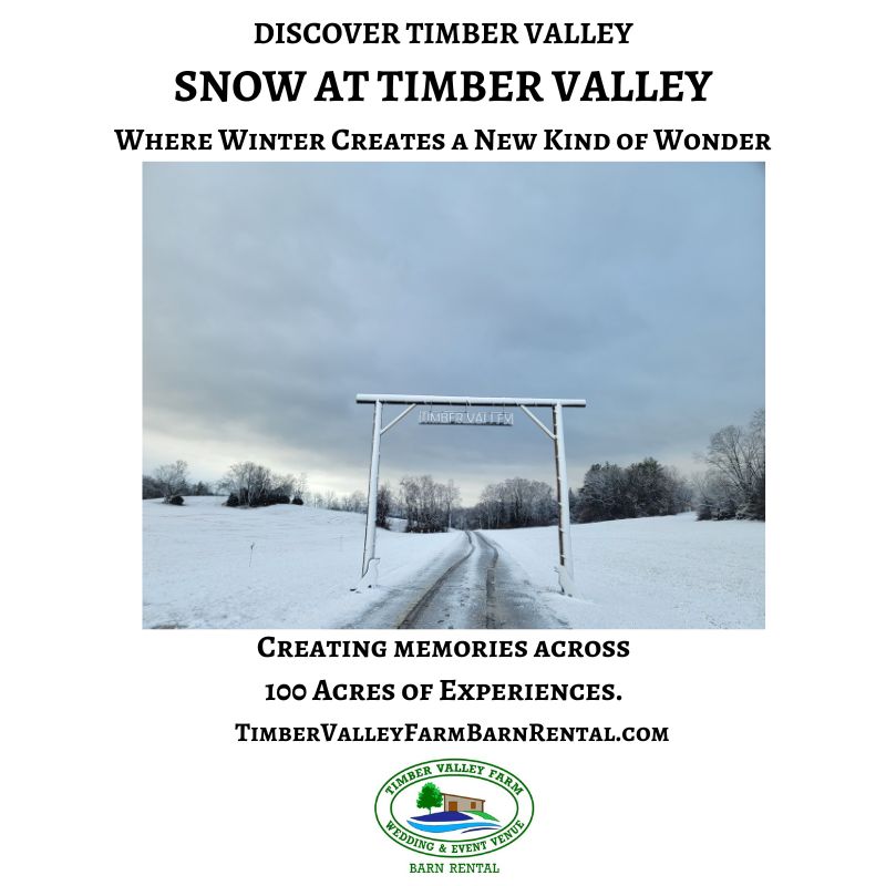 Snow-covered Timber Valley entrance with winter landscape and dramatic clouds in Clear Spring, Maryland.