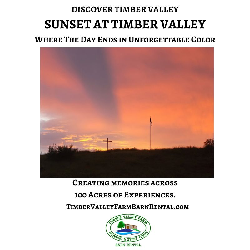 Sunsets at Timber Valley featuring a breathtaking sunset with the cross and American flag overlooking the scenic 100-acre Timber Valley Farm Barn Rental property in Clear Spring, Maryland.