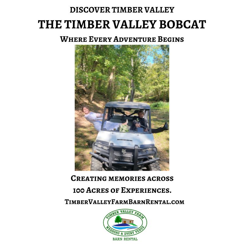 Bride and groom enjoying the Timber Valley Bobcat during a wedding at Timber Valley Farm Barn Rental, where every adventure begins across 100 Acres of Experiences.