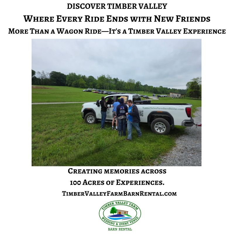 Guests enjoying time with the Trailblazer Girls after the Timber Valley Trailblazer Wagon Ride at Timber Valley Farm Barn Rental in Clear Spring, Maryland.