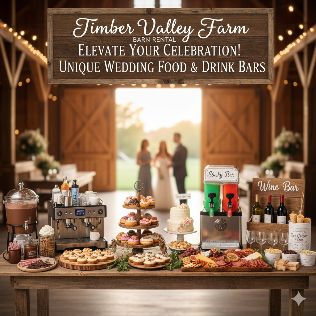 Catering, Confections & Food Trucks
Food is the heartbeat of any celebration. Our list includes everything from high-end catering services experienced with our kitchen layout to casual food trucks that add a modern, trendy flair to the evening. When hiring your caterer, consider the flow of service. Whether you choose a plated dinner or a buffet, these vendors know how to maximize our space to keep guests comfortable and well-fed. Timber Valley Farm Barn Rental, Local Wedding Vendors and Clear Spring Wedding Venue is your private wedding venue in the country but close to the interstate.
