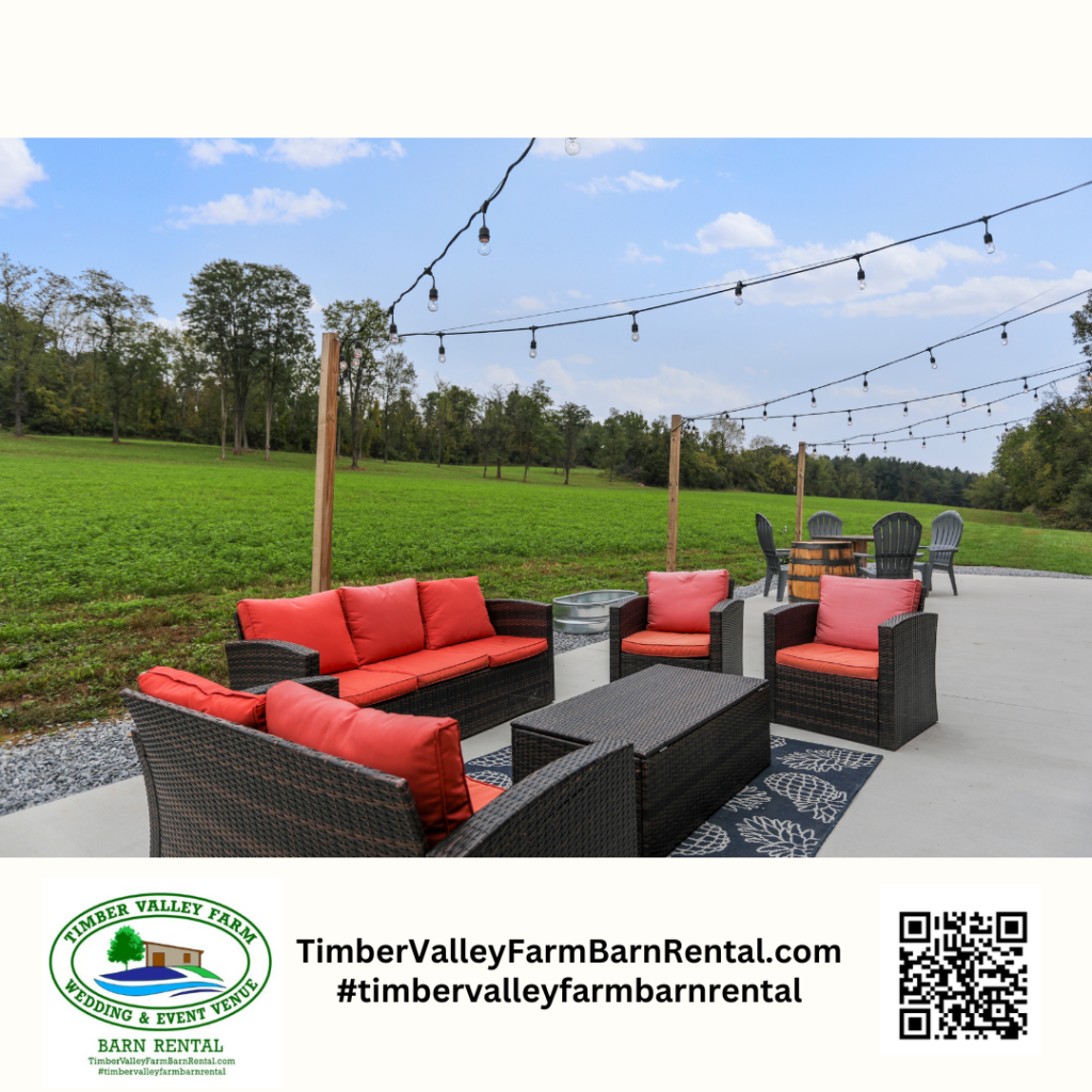 A spacious outdoor patio at Timber Valley Farm Barn Rental featuring comfortable cushioned lounge seating, string lights, and a peaceful view of expansive green Maryland farm fields, perfect for professional networking or casual meetings.