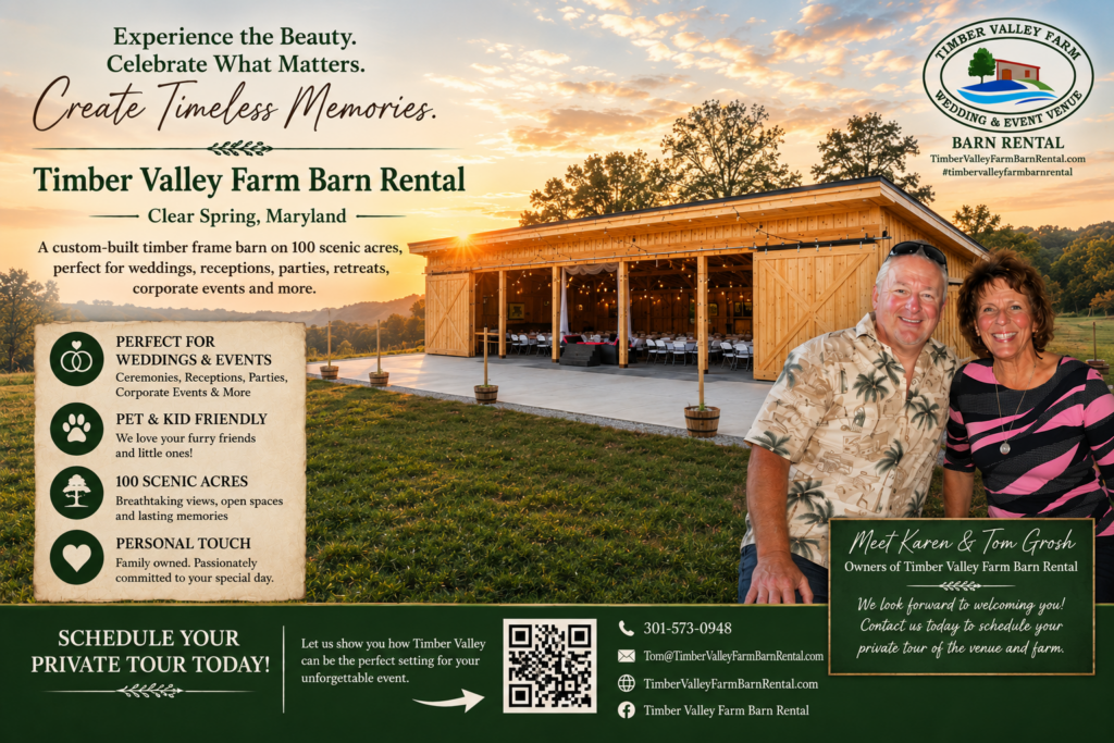 Plan Your Private Tour Today

The best way to experience the beauty and character of Timber Valley Farm Barn Rental is to visit in person.

Whether you are newly engaged or actively searching for the perfect wedding venue, we invite you to explore everything our property has to offer.

Contact us today to check availability, ask questions, and schedule a private personal tour of the venue.

We proudly serve couples and families throughout Maryland, Pennsylvania, West Virginia, Virginia, and the surrounding region.