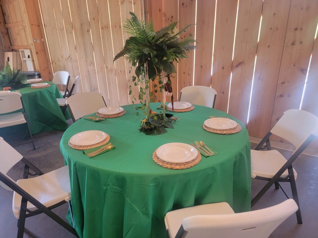 Safari-themed table decorations for a Rustic Baby Shower Maryland at Timber Valley Farm Barn Rental in Clear Spring, Maryland.