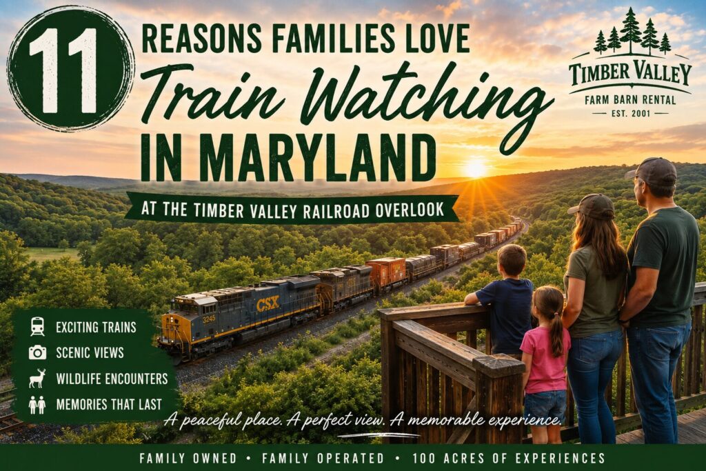 Family enjoying train watching in Maryland from the Timber Valley Railroad Overlook as a CSX freight train travels through the scenic valley in western Maryland.