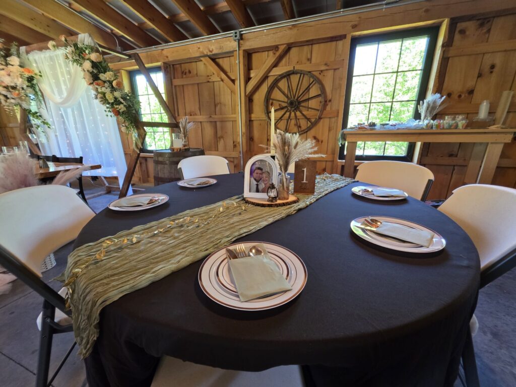 Wedding Rehearsal Day reception table prepared for family and friends at Timber Valley Farm Barn Rental.