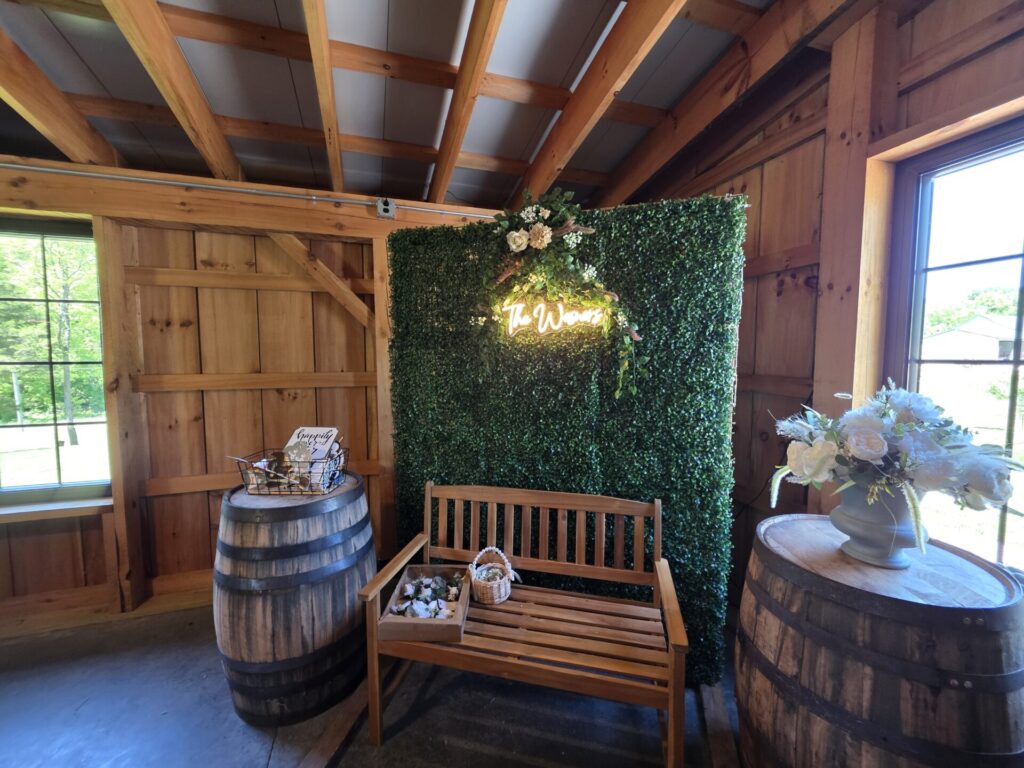 In-house photo booth at Timber Valley Farm Barn Rental ready for guests to capture Wedding Rehearsal Day memories.