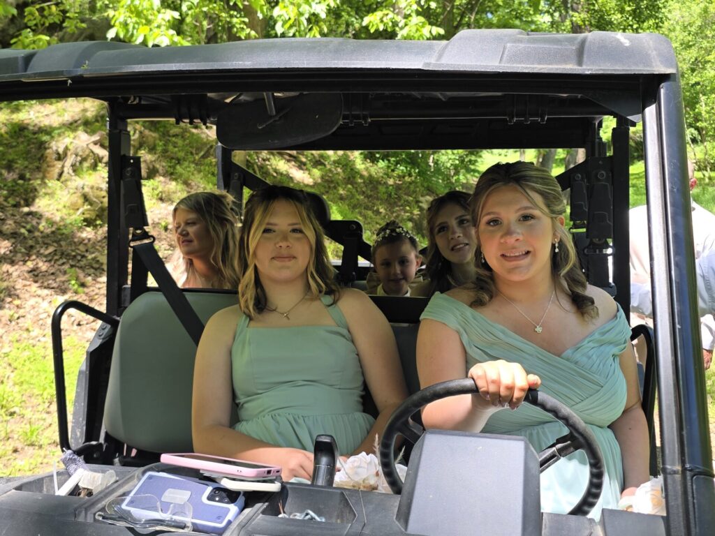 Wedding party riding together during a Wedding Weekend Venue Western Maryland celebration at Timber Valley Farm Barn Rental.