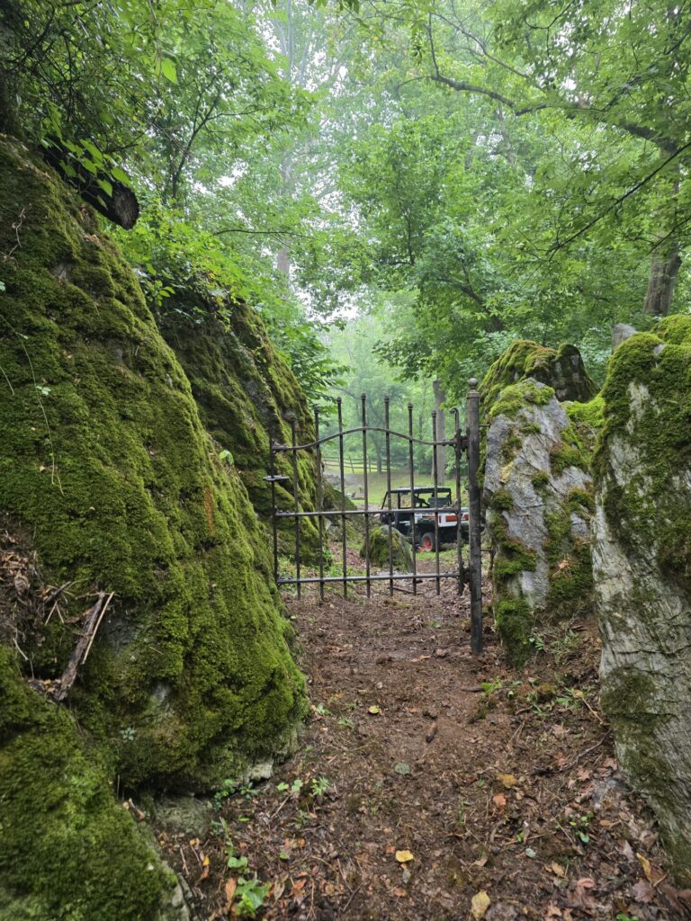 We lowered the gate onto the support pipe, made a few small adjustments at the base, and watched everything come together. One of the moss-covered boulders naturally stopped the gate from swinging too far, as if it had been designed for that very purpose.