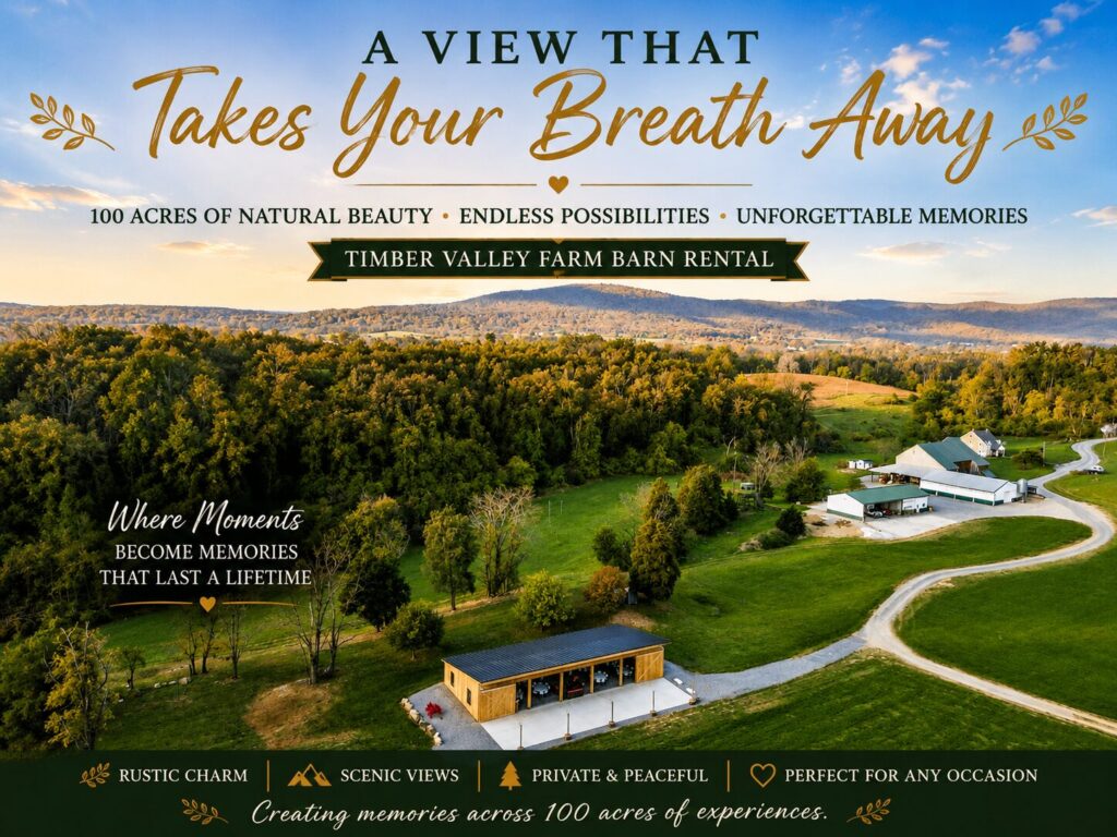 An aerial view of Timber Valley Farm Barn Rental that will take your breath away.