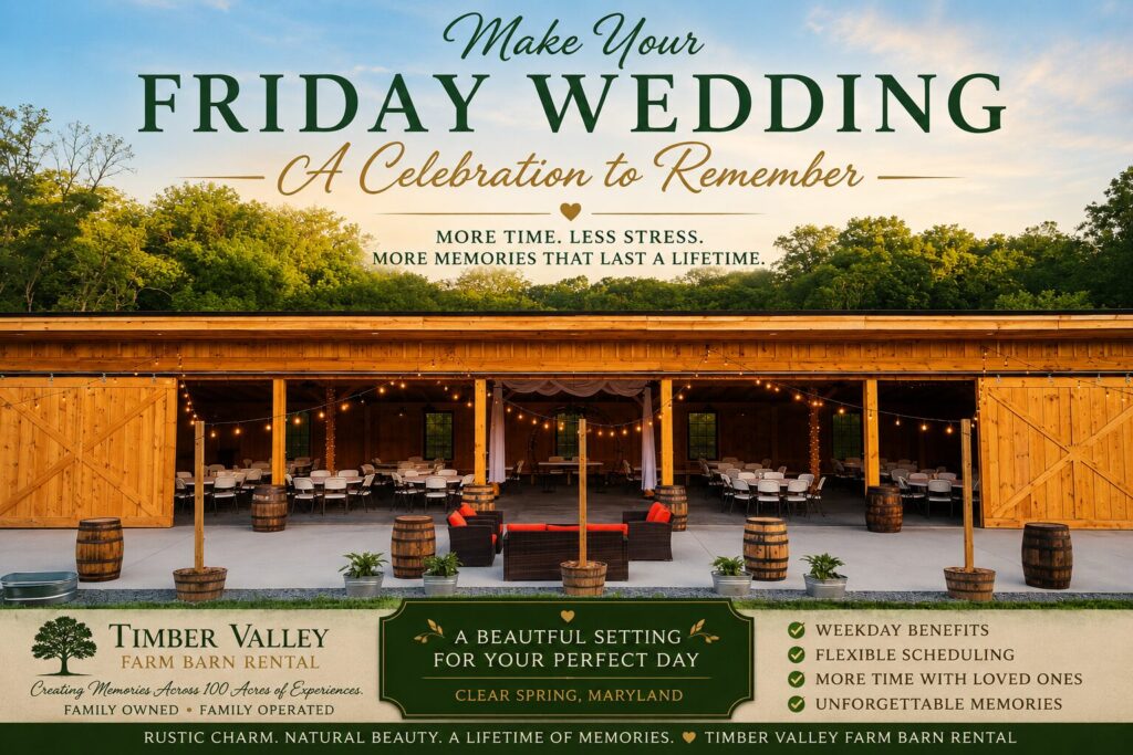 Timber Valley Farm Barn Rental decorated for a Friday wedding in Clear Spring, Maryland, showcasing the rustic timber-frame barn, beautiful countryside setting, and the advantages of choosing a Friday Wedding Venue Maryland.